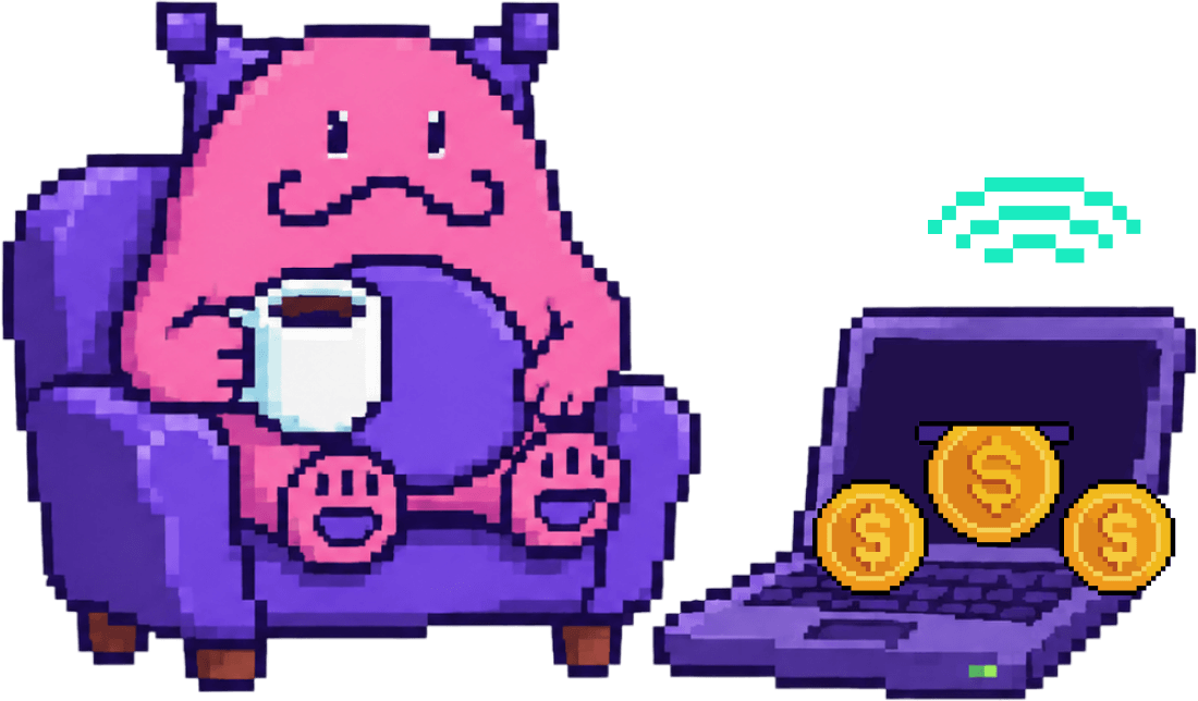 ByteProfit mascot relaxing while a laptop collects coins
